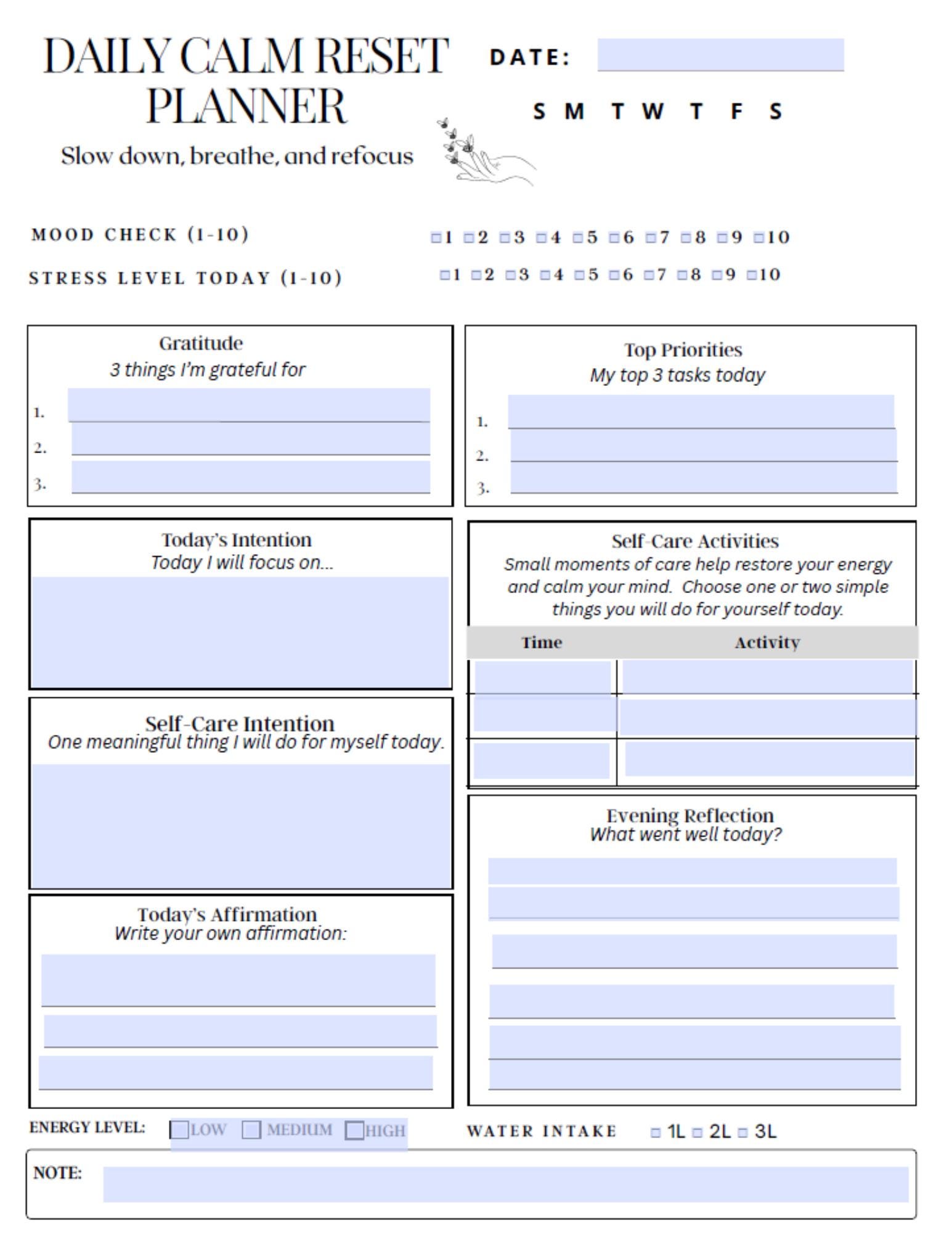 Daily Calm Reset Planner Printable | Mental Health Planner PDF | Stress ...