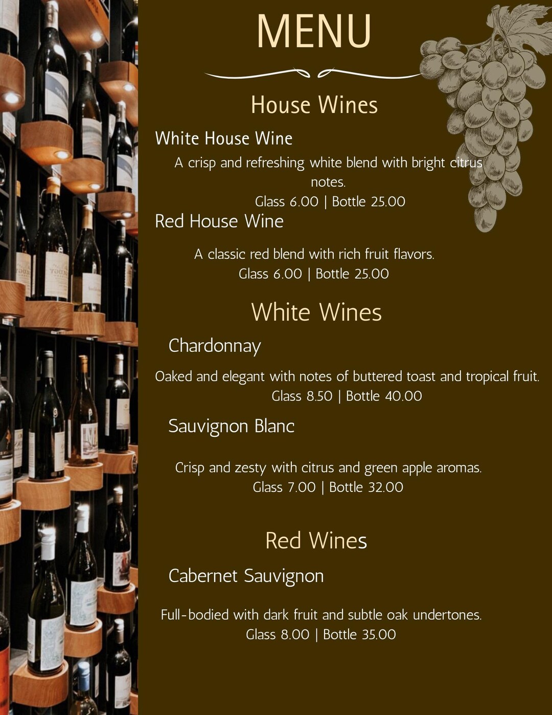 Editable Wine Menu Template | Elegant Restaurant & Winery Wine List ...