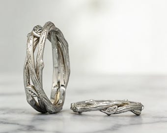 Tree Branch Wedding Band Set, Rustic Twig Engagement Ring, His Hers Matching Bands