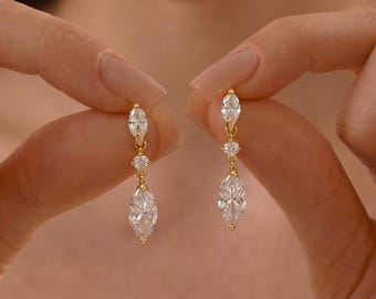 Boucles d'oreilles pendantes marquise CZ, pendentifs délicats en or 18 carats, bijoux de mariage minimalistes, boucles d'oreilles de mariée
