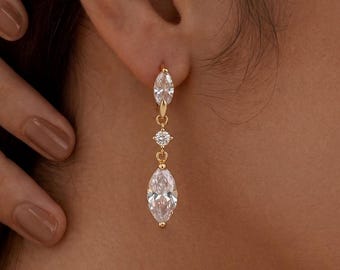 Orecchini pendenti con zirconi a forma di marquise, in oro 18 carati, delicati e raffinati, gioielli da sposa minimalisti, orecchini da sposa, regali per la mamma.