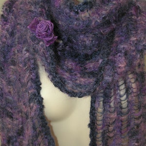 Unique Purple Lacey Knit Scarf / Seller Designed and Created Scarf /  Embellished Scarf with Flowers and Fringe