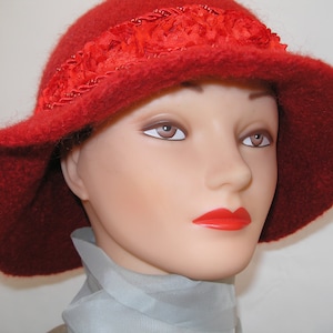 Red Felled Hat, Seller Designed and Created  /  Felted Red Hat with Decorative Flower Band /  Knitted and Felted Red Wool Hat with Band