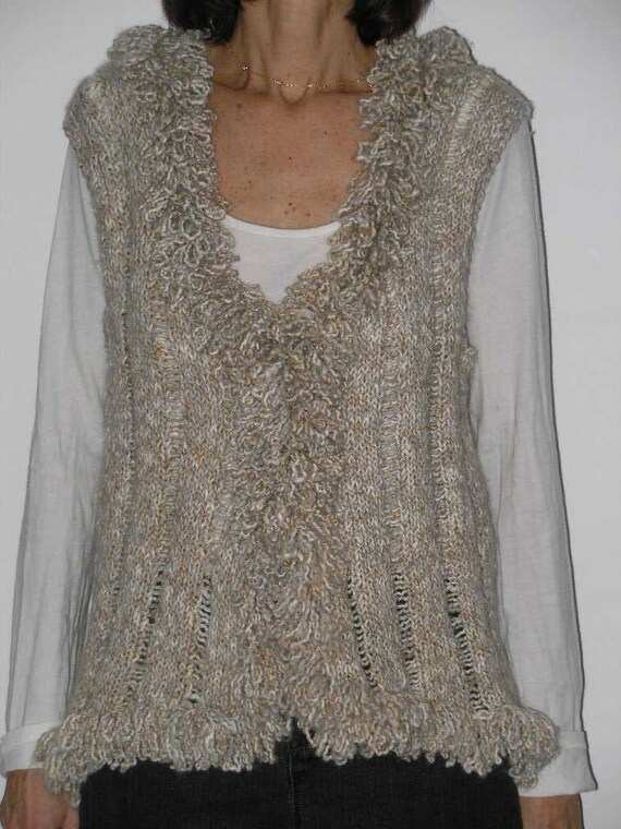 Knitted Beige Vest Beige Knitted Vest With Loopy Fringe Etsy