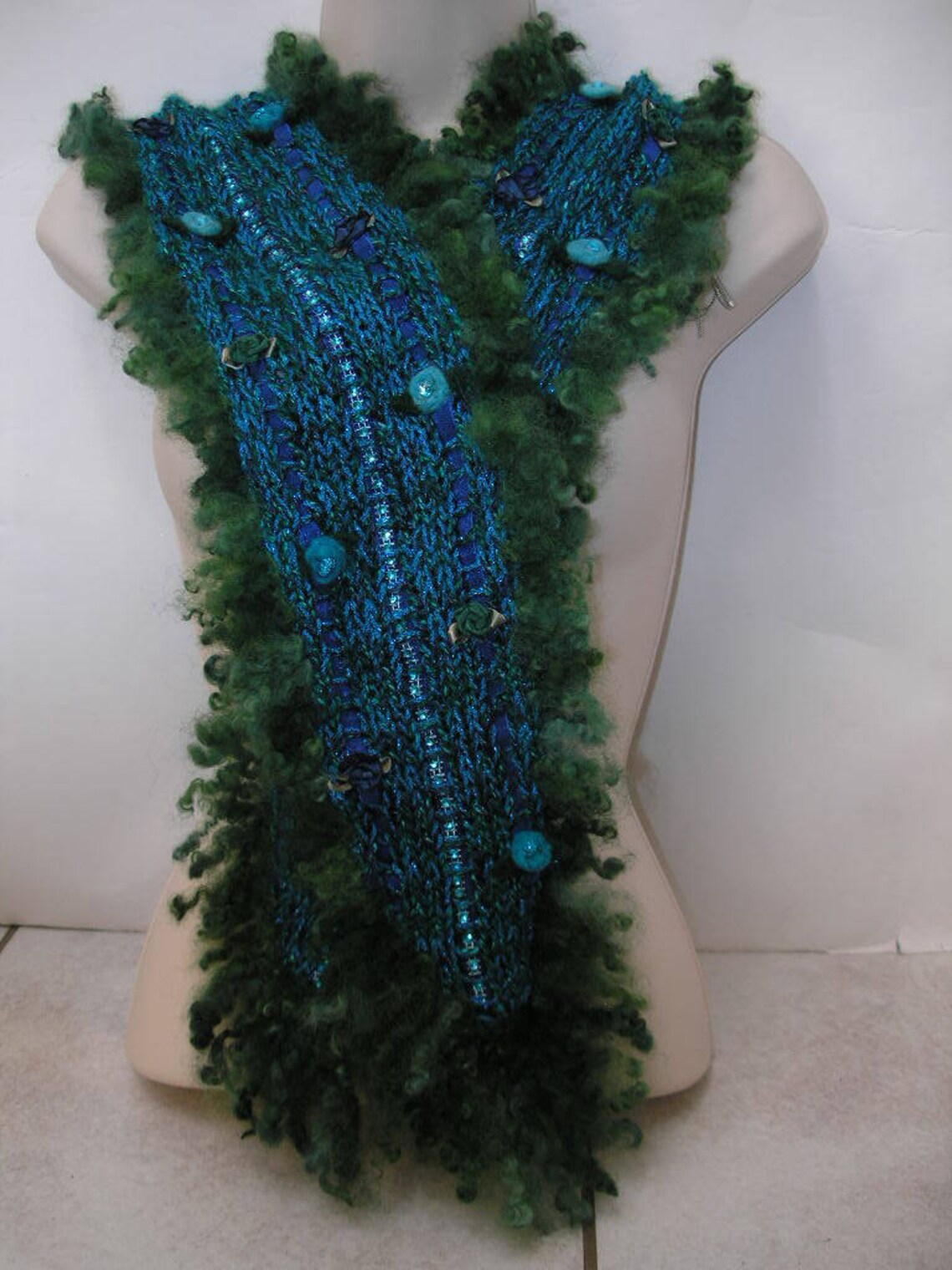 Embellished Scarf in Green and Blue // Knitted Scarf With Wool - Etsy
