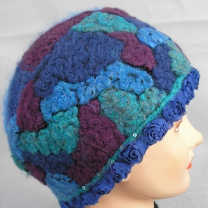 Colorful Fabric Hat, Designed and Created by Seller / Blue Embellished Fabric Hat /  Needle Felted Hat with Blue, Turquoise , and Burgundy