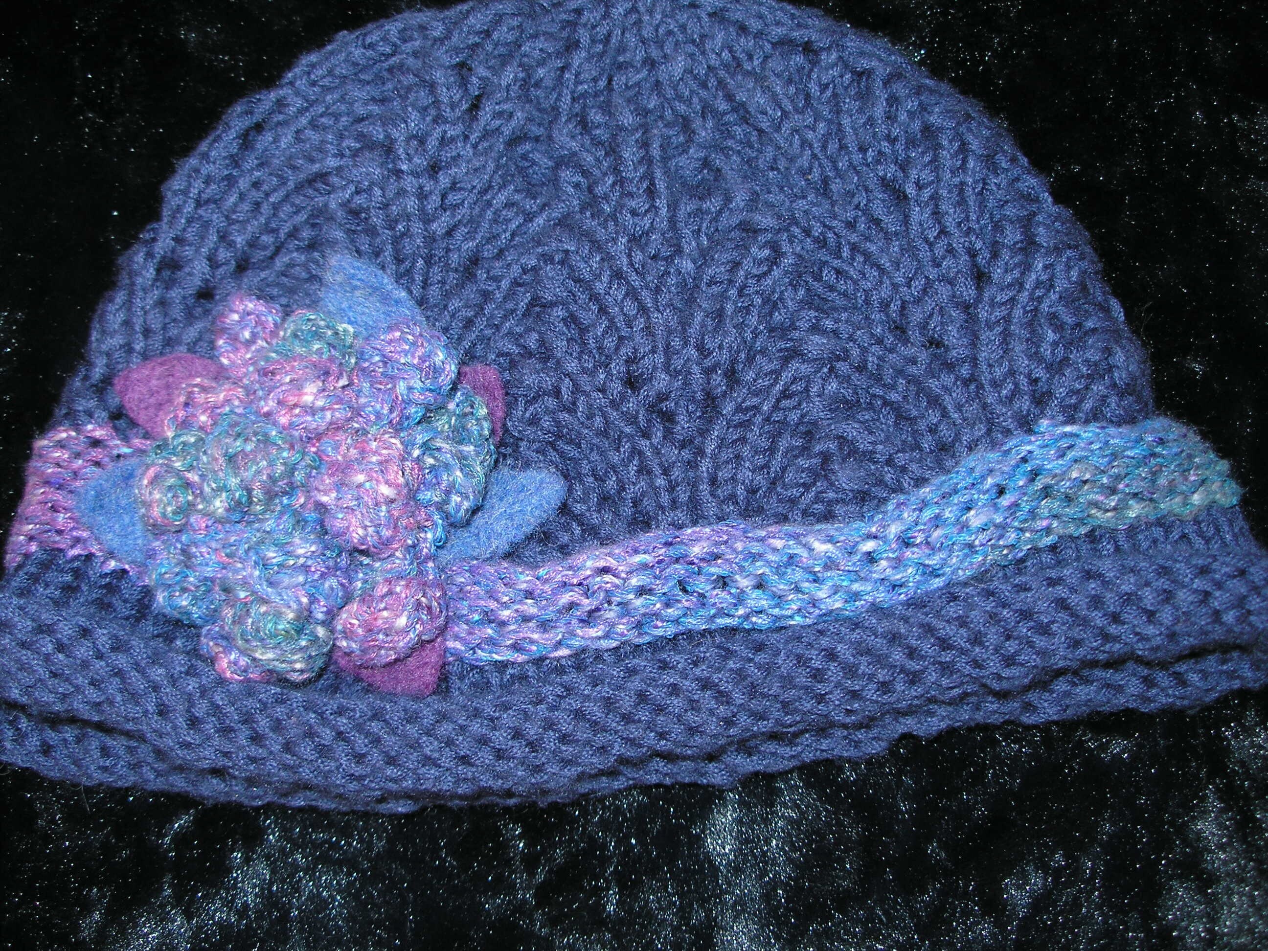 Violet Blue Purple Merino Wool Rolled Brim Beanie Hat Roll Brim Blue Cotton Hat, Seller Designed and Created  main image 2
