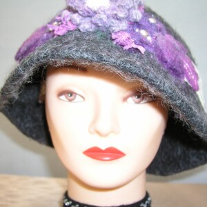 Gray Felted Cloche Hat, Seller Designed and Created / Felted, Embellished Charcoal Gray Hat / Cloche Style Felted Gray and Purple Hat