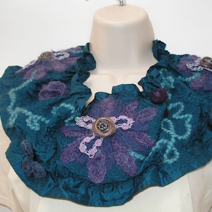 Turquoise Cowl Scarf, Designed and Created by Seller  / Cowl Style Silk Scarf with Needle Felted  Embellishments /Turquoise Silk Scarf