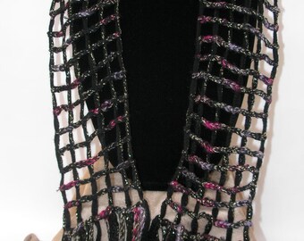 Black and Gold Crocheted Scarf, Black Open Weave Scarf, Crocheted Black Scarf with Pink and Gold   (On Sale Now)