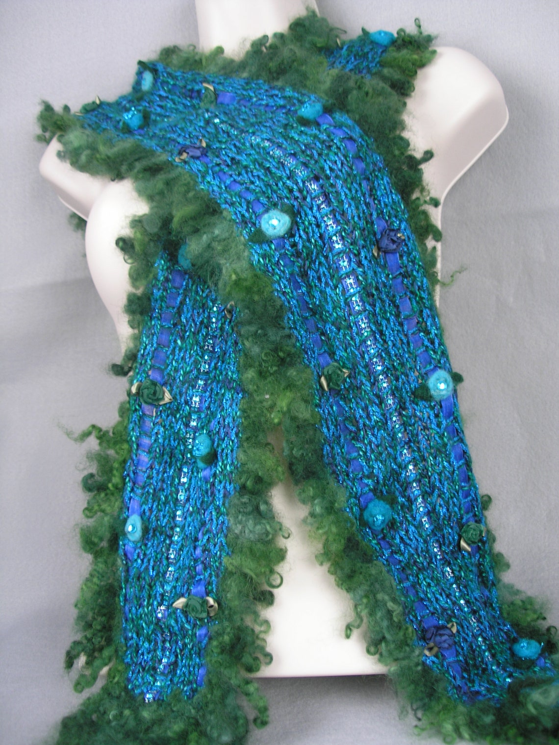 Embellished Scarf in Green and Blue // Knitted Scarf With Wool - Etsy