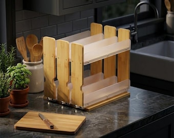 Bamboo Drawer Organizer, Spice Rack Insert with Sliding Drawers, Kitchen Storage Shelf, Vertical Cabinet Organizer for Pantry Countertop