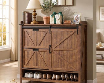 Farmhouse Shoe Storage Cabinet with Sliding Door & Adjustable Shelves | Wooden Entryway Organizer in Reclaimed Barnwood