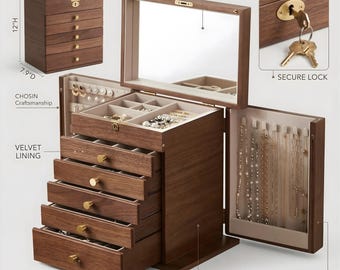 Handmade Wooden Jewelry Box – Personalized Organizer for Rings, Necklaces, Earrings, Gift for Women, Mom, Bridal with Velvet Lining & Lock