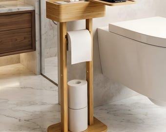 4-in-1 Bamboo Toilet Paper Holder with Storage Shelf | 360 rotating Free-Standing Toilet Tissue Dispenser for Bathroom Decor