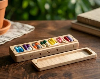 Wooden Weekly Pill Organizer Large Vitamin & Medicine Box, Maple Wood Supplement Organizer, Daily Pill Storage for Vitamins, Wellness Gift