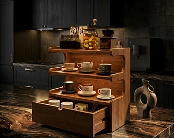 Corner Mug Shelf Coffee Station Organizer 3 Tier Wooden Cup Holder Countertop Kitchen Storage Rack Desk Organizer with Drawer