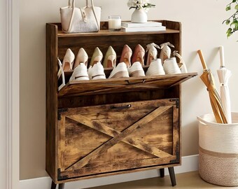 Rustic Wooden Shoe Rack with Adjustable Shelves | Entryway Storage Cabinet | Modern Farmhouse Shoe Organizer with Louvered Doors