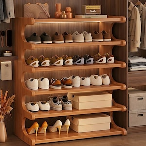 May include: A wooden shoe rack with multiple shelves, displaying various pairs of shoes, including sneakers, heels, and flats. The rack is made of light-colored wood and is placed inside a closet. Some shoes are in boxes.