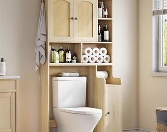 Over The Toilet Storage Cabinet with Rattan Doors, Farmhouse Bathroom Organizer Shelf, Wooden Space Saving Bathroom Storage Unit