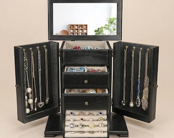 Rustic Wooden Jewelry Box for Women with Mirror, 4 Layer Jewelry Organizer with Side Doors, Large Jewelry Storage Gift for Her
