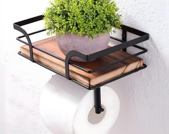 Rustic Toilet Paper Holder with Shelf, Farmhouse Wall Mounted Bathroom Organizer, Wooden Tissue Holder with Storage for Phone & Wipes