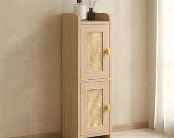 Rattan Slim Bathroom Storage Cabinet with Doors, Narrow Toilet Paper Organizer for Small Spaces, Wooden Corner Bathroom Unit with Shelf