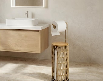 Rattan Toilet Paper Holder Stand with Storage, Freestanding Boho Bathroom Organizer, Woven Tissue Holder for Small Space Farmhouse Decor