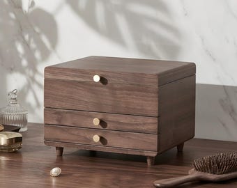 Wooden Jewelry Box 3 Layer Organizer Black Walnut Jewlery Box Large Jewelry Storage Case for Rings Necklaces Earrings Gift for Women