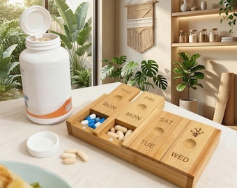 Eco-Friendly Bamboo Pill Organizer for Elderly | 7-Day Medication Holder | Arthritis-Friendly Weekly Box with Large Labels