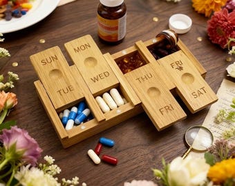 7-Day Bamboo Pill Organizer, Weekly Medication Box with Large Labels, Wood Medicine Case, Daily Vitamin Holder, Eco-Friendly