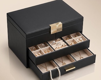 Jewelry Box Organizer for Women, 3 Layer Jewelry Storage Box with Drawer, Faux Leather Ring Necklace Earring Organizer, Luxury Gift for Her