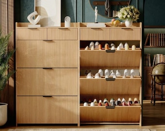 Slim Fluted Shoe Storage Cabinet with 3 Flip Drawers & 2 Small Drawers | Narrow Entryway Organizer with Hook for Apartment | Wood Color