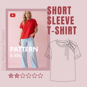 Patrón de costura en PDF para camiseta de manga corta para mujer / Mangas con puños y lazo en el hombro / Patrón fácil para principiantes