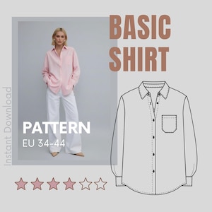 Op de afbeelding: Een lichtroze overhemd met knopen en een borstzak, gecombineerd met een witte broek. De afbeelding toont ook een patroon van een overhemd en de tekst "BASIC SHIRT" en "PATTERN EU 34-44".
