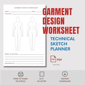 Puede incluir: Una hoja de trabajo de bocetos de prendas en blanco con dos siluetas humanas para planificar diseños. La página incluye campos para nombre, fecha, proyecto y telas y accesorios. El texto dice GARMENT DESIGN WORKSHEET, TECHNICAL SKETCH PLANNER, PDF, PRINTABLE, PRINT AT HOME OR OFFICE, A4 & US LETTER, INSTANT DOWNLOAD.