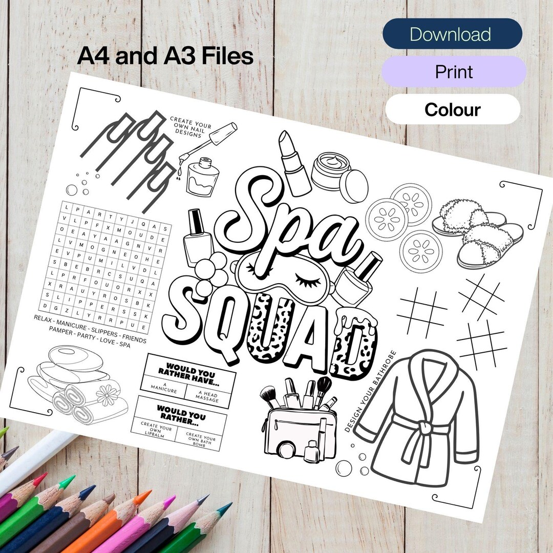 Spa Squad Activity Colouring Placemat - Digital Download Printable - 2 ...