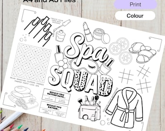 Spa Squad Activity Colouring Placemat - Digital Download Printable - 2 Sizes - Birthday Activity Sheet