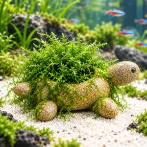 May include: A turtle-shaped stone planter with a speckled tan texture, featuring a small head with a dark eye and four rounded legs. The shell cavity is filled with a dense, vibrant green aquatic moss, resting on a white sandy substrate.