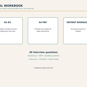 Op de afbeelding: Een digitaal werkboek voor de voorbereiding op zorgsollicitaties met de tekst Digital Workbook, B1-B2, A4 PDF, Instant Download, 30 interview questions, Vocabulary, STAR, Speaking practice, 7-day plan, Checklist, Cheat Sheet, en MaryLumia Art.