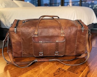Personalizowana torba podróżna ze skóry licowej, ręcznie robiona, idealna na siłownię i krótkie wycieczki.