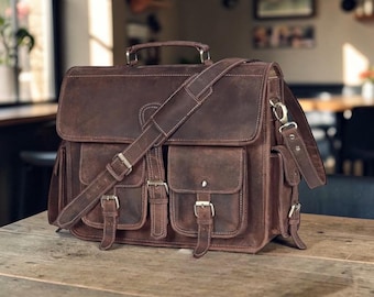 Bolso bandolera de cuero marrón vintage personalizado / Maletín de cuero de grano completo hecho a mano para hombre
