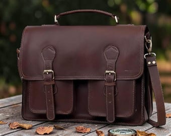 Handcrafted Buffalo Leather Messenger Bag: Vintage Laptop Satchel for Professionals