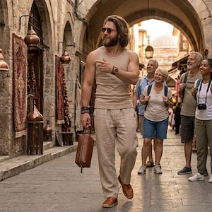 May include: A man in a tan tank top and linen pants walks down a stone street, carrying a brown leather bag. He wears sunglasses and a watch. Other people are walking behind him. The scene is set in a historic area with arched walkways and shops.