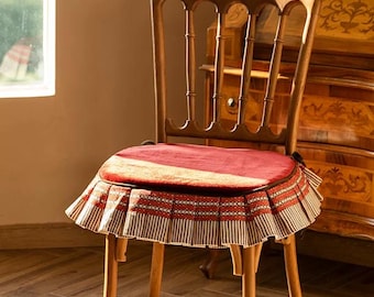 William Morris Style Red Velvet Chair Cushion, Botanical Print Ruffle, Cottagecore Decor