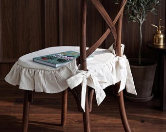 Natural white Linen Ruffled Chair Cushion Cover, Handmade Gathered Skirt Chair Pad, French Country Shabby Chic Dining Chair Slipcover