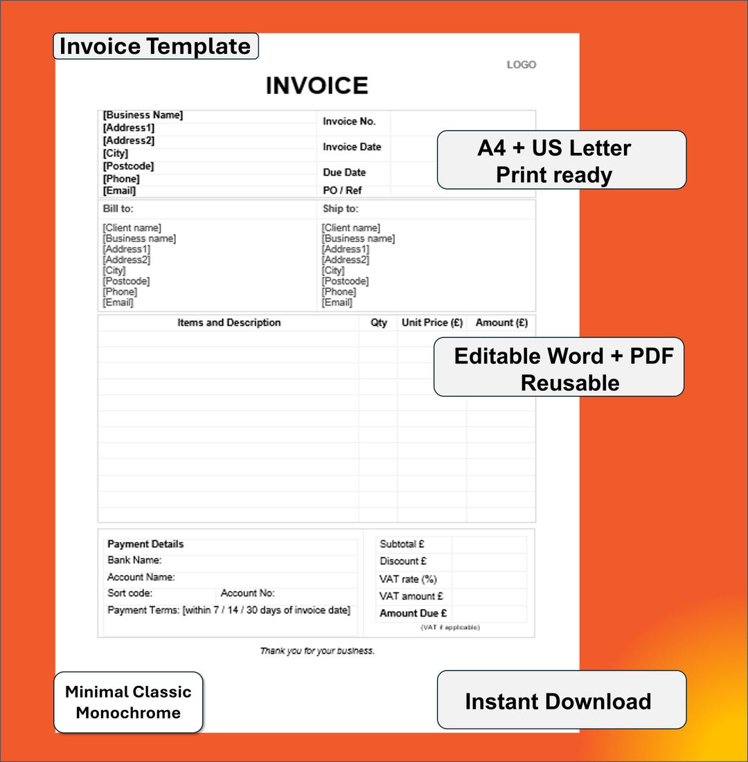 Invoice Template / Editable Invoice / Word + PDF / A4 + US Letter ...