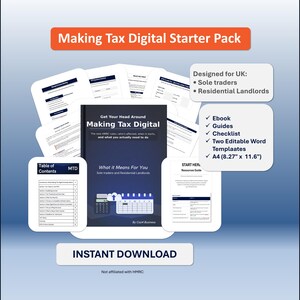 May include: A digital starter pack titled "Making Tax Digital" with an ebook, guides, checklist, and templates. Designed for UK sole traders and residential landlords. Includes A4 (8.27" x 11.6") templates. Instant download.