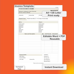 May include: A white invoice template with the heading "Invoice Template". The template includes fields for business details, invoice number, and payment terms. Text on the image includes "A4 + US Letter Print ready", "Editable Word + PDF Reusable", "Compact Pale", and "Instant Download".