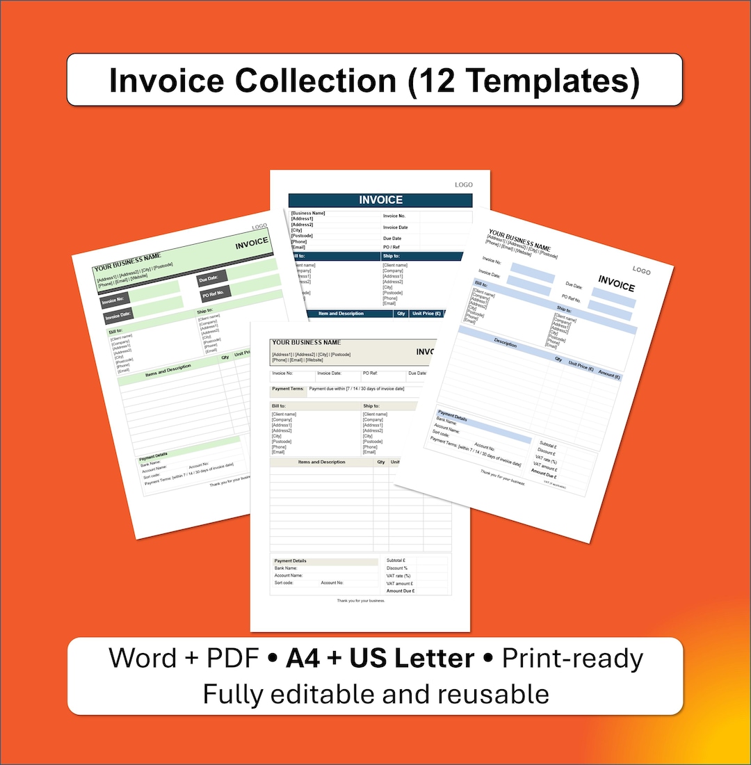 Invoice Template Collection / 6 Editable Invoice Designs / Word + PDF ...